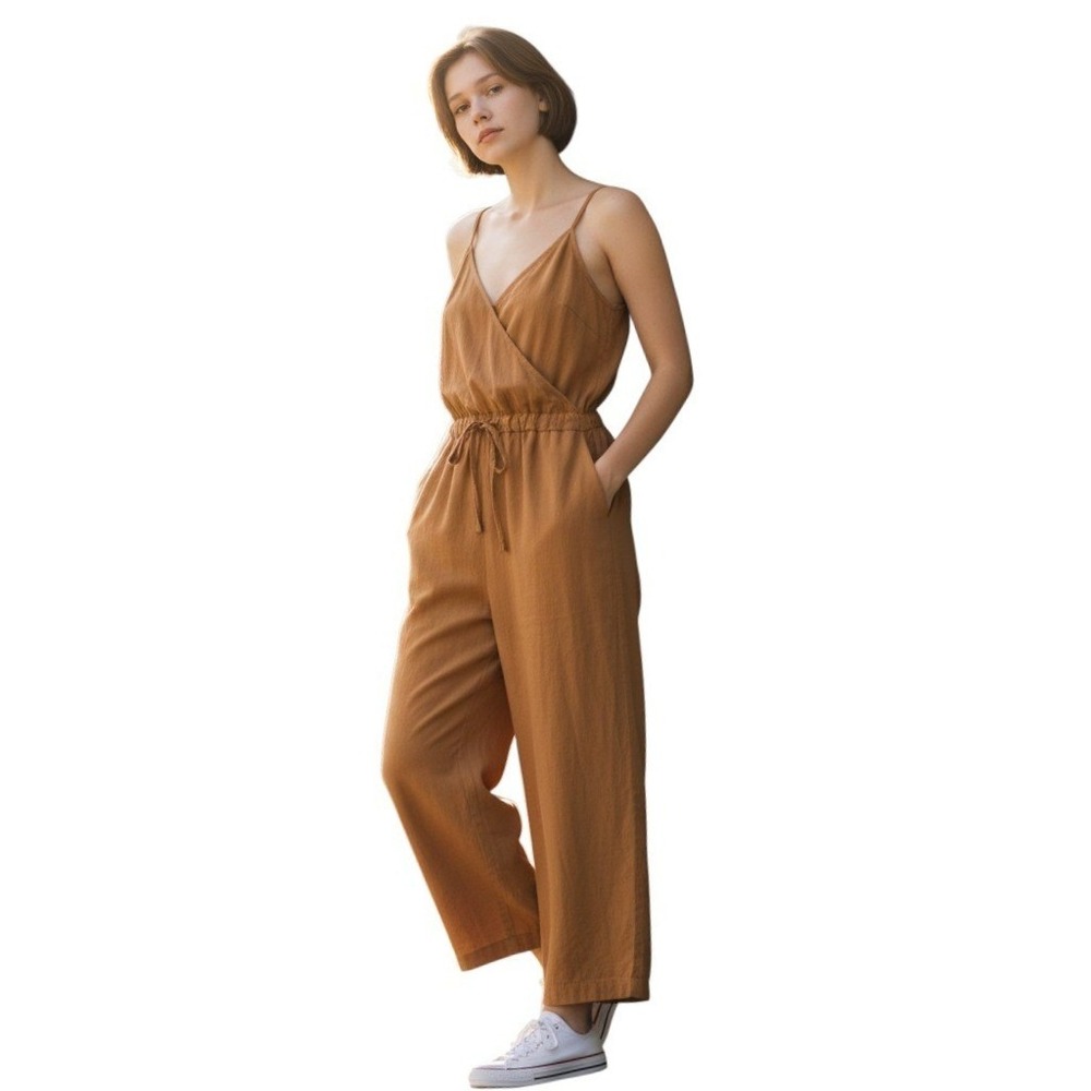 Esby Apparel Womens Small Ochre‎ Linen Wrap Front Drawstring Wide Leg Jumpsuit